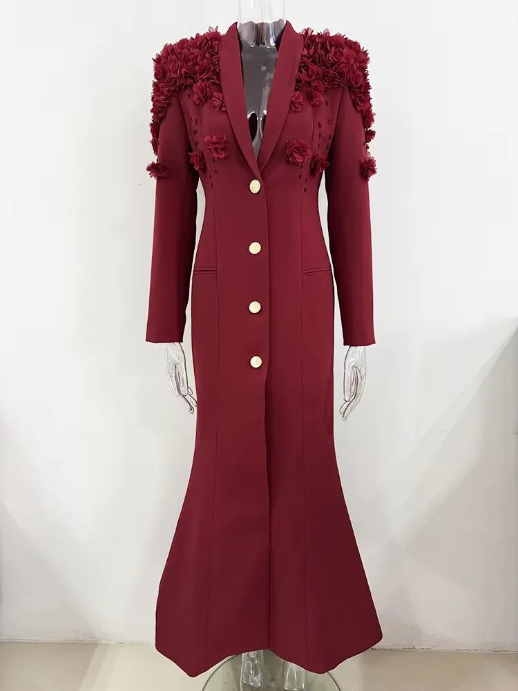 HIGH QUALITY Newest Fashion 2025 Designer Maxi Dresses Women's Long Sleeve Stunning Flowers Appliques Beaded Long Dress