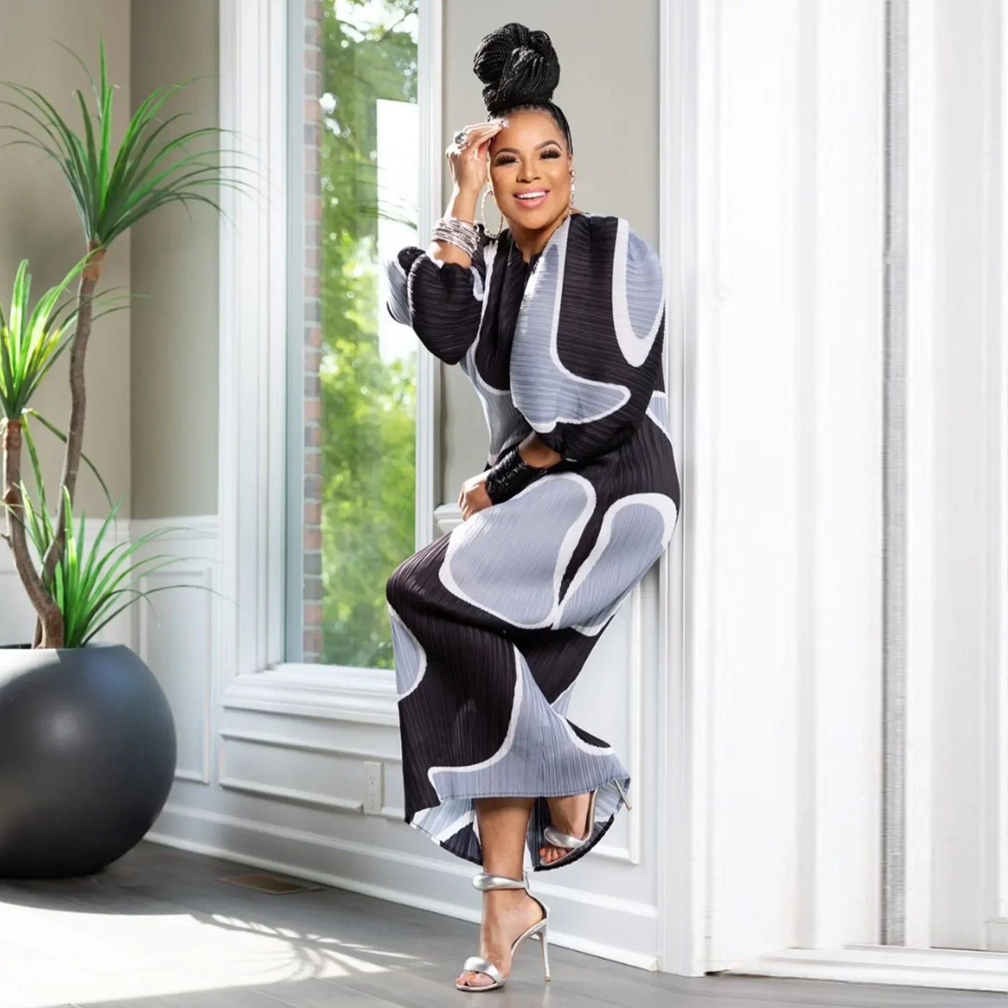 Elegant Women Pleated Half Lantern Sleeve O-neck Slim Maxi Long Dress Print Fashion Autumn 2025 Ruched Dresses Vestidos