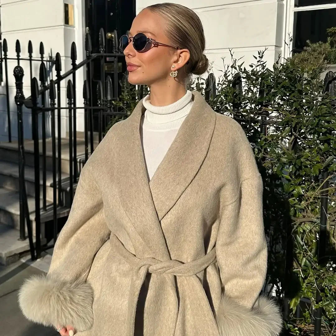 Women's Casual Solid Lapel Lace Up Woolen Coats Fashionable Single Breasted Pocket Loose Outwear 2025 Ladies High Street Jackets