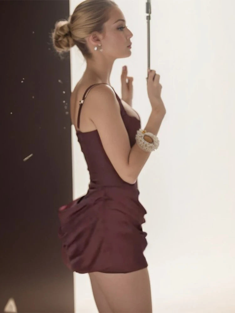 Chic Brown Pleated Hem Mini Dress Women's Elegant U-neck Sleeveless Back Bandage Slim Vestidos 2025 New Summer Lady Party Gown