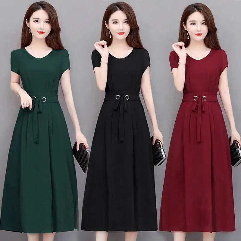 Women summer dress 2025 new short-sleeved over-the-knee belt slim figure-hugging A-line dress vestidoes clothing HTH013
