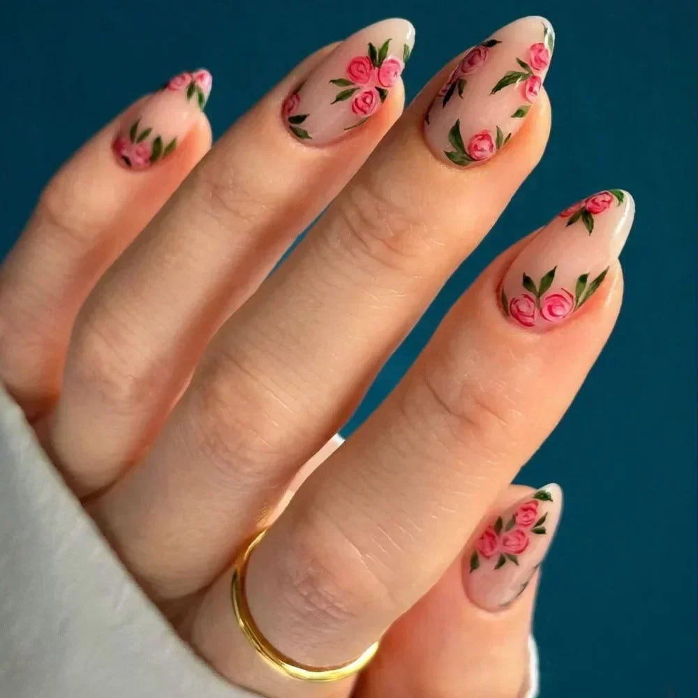 24Pcs Autumn Winter Matte Almond False Nails with Glue Rose Leaf Printing Nail Art Simple Full Cover Press on Acrylic Nails Tips