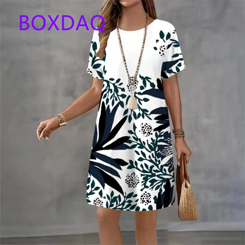 Fashion Elegant Butterfly Flowers Pattern Women's Dress New Summer Street Flower Print Short Sleeve Loose Casual Mini Dress 2025