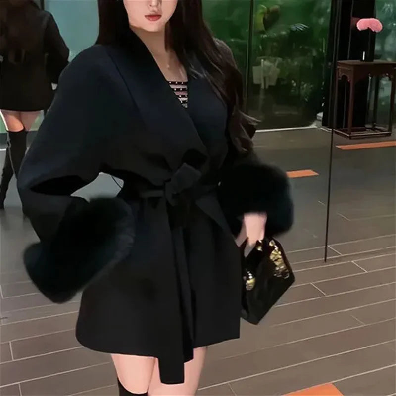 Strap Woolen Jacket With Spring And Autumn Long Sleeves Loose High-End Splicing Short Furry Sleeves blend Wool Coats With Lace-u