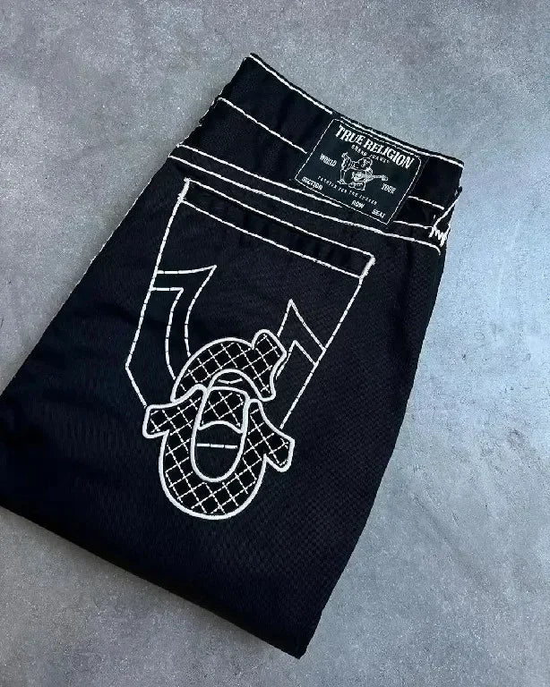 Vintage Buddha Embroidered Jeans Casual 2000s High Street Straight Wide Leg Jeans Harajuku Ootd Y2k Denim Pants Women Clothing