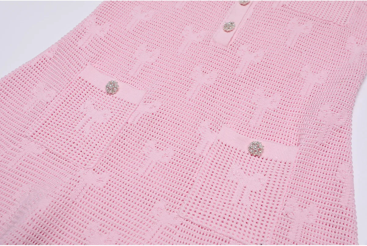 Europe America High-end Fashion Knitted Short-sleeved Dress 2025 Summer Clothes New Round Neck Temperament Woman A-line Dresses