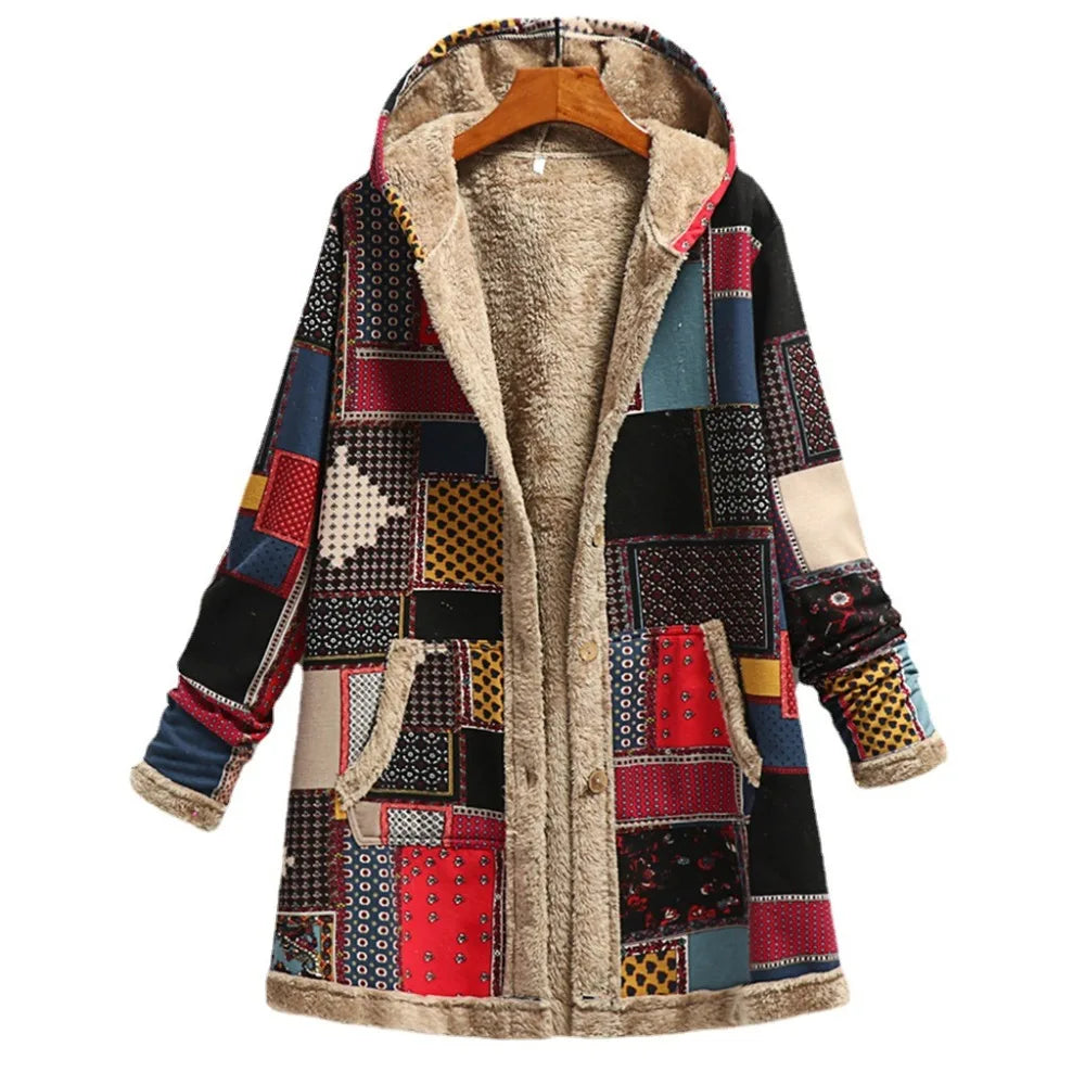 Women's Long Plush Jacket with Cotton and Linen Print Hooded Sweatshirt for Warmth, Winter New Style