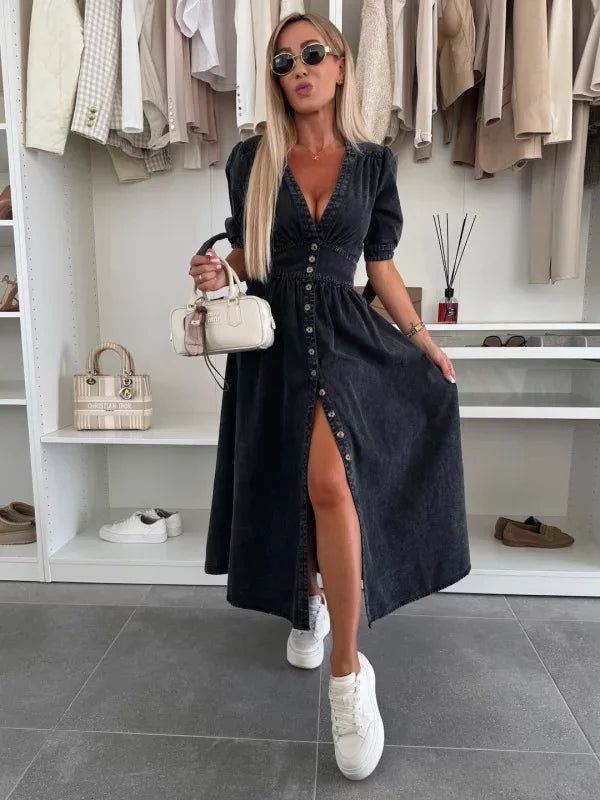 2025 Women Denim Dress Loose Fit V-Neck Short Sleeve Button Down Long Dress Solid Color Casual Jean Dress For Spring Summer