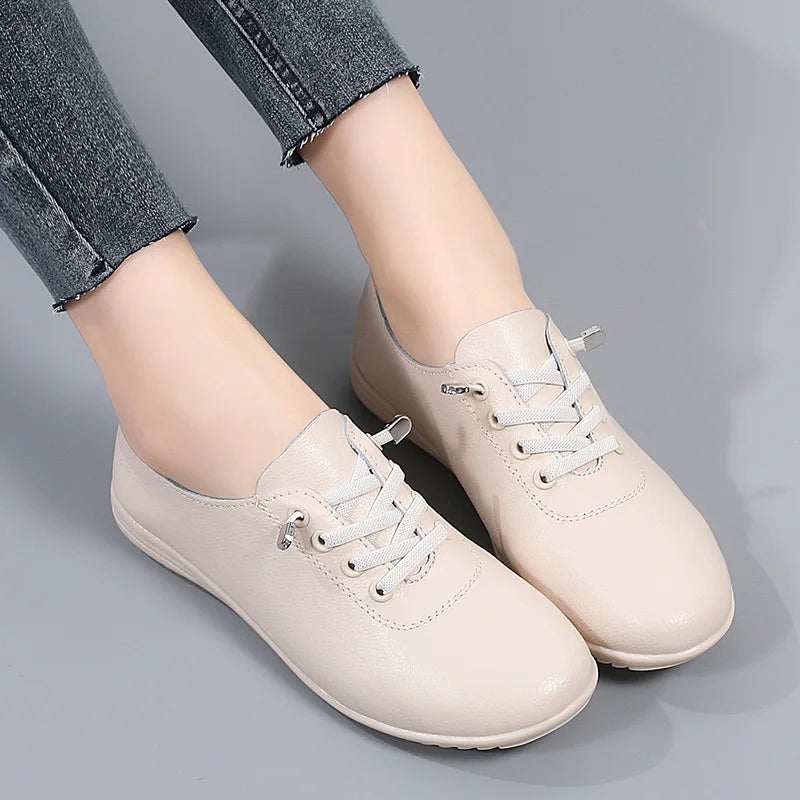 WOIZGIC Female Ladies Women's Genuine Leather Flats Shoes Loafers Soft Moccasins Lace Up Comfortable