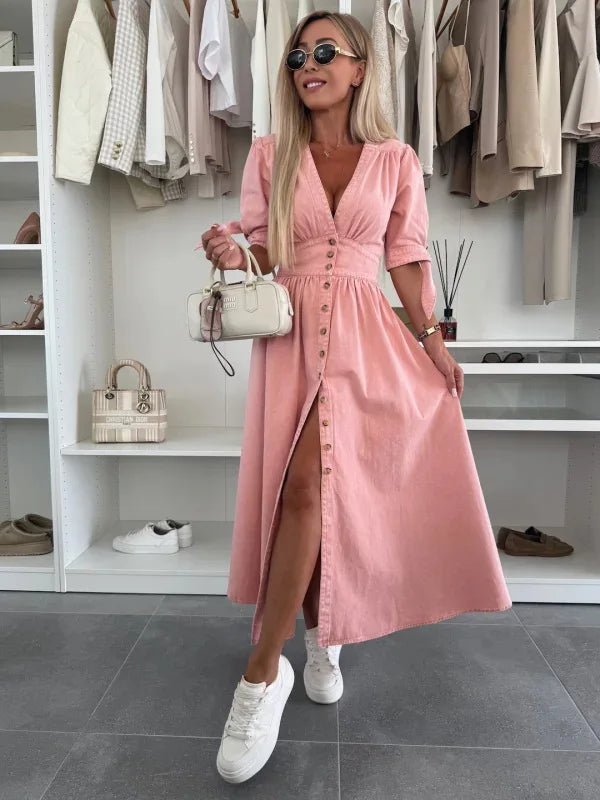2025 Women Denim Dress Loose Fit V-Neck Short Sleeve Button Down Long Dress Solid Color Casual Jean Dress For Spring Summer