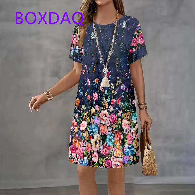 Fashion Elegant Butterfly Flowers Pattern Women's Dress New Summer Street Flower Print Short Sleeve Loose Casual Mini Dress 2025