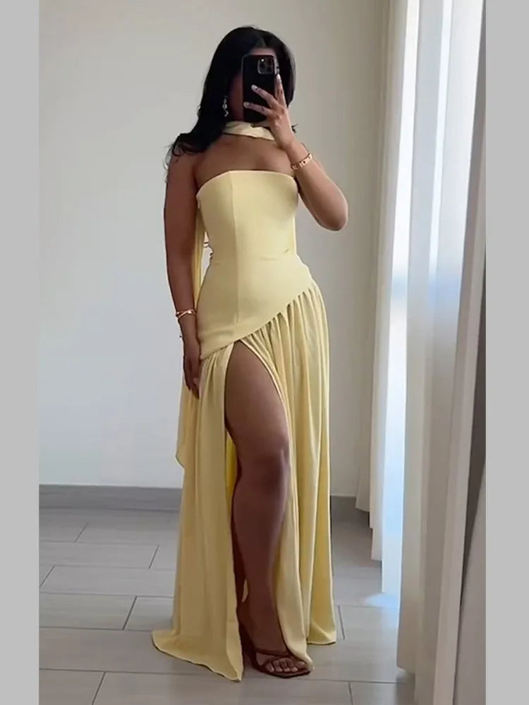 Pale Yellow Patchwork Shawl Dress Women's Elegant Split Sleeve High Waist Slim Fit Maxi Vestidos Lady Evening Party Gowns 2025