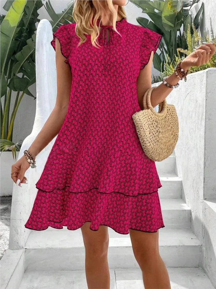 2024 Elegant Women's Casual Loose Ruffle Mini Dress Bohemian Printed V-neck Lace-up Small Flying Sleeve Dresses For Women
