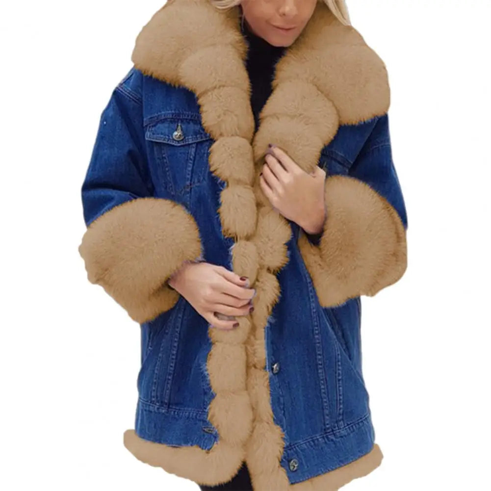 Winter Women Denim Jacket Color Matching Long Sleeves Faux Fur Trim Outerwear Mid Length Windproof Outdoor Coat With Pockets