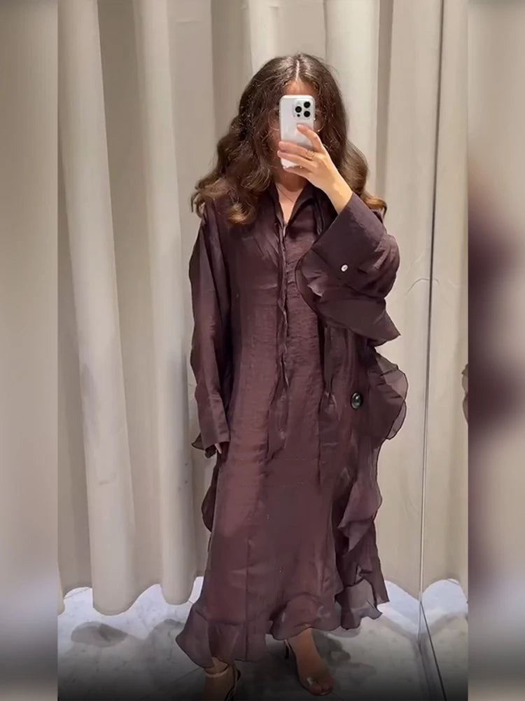 Causal Ruffle Pleated Loose long dress Women Full Sleeve V Neck Single Breasted Lotus Leaf Edge Dresses 2025 Lady Street Outfit