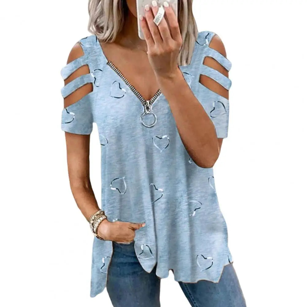 Top V Neck Low-cut Hollow Out Short Sleeves T-shirt
