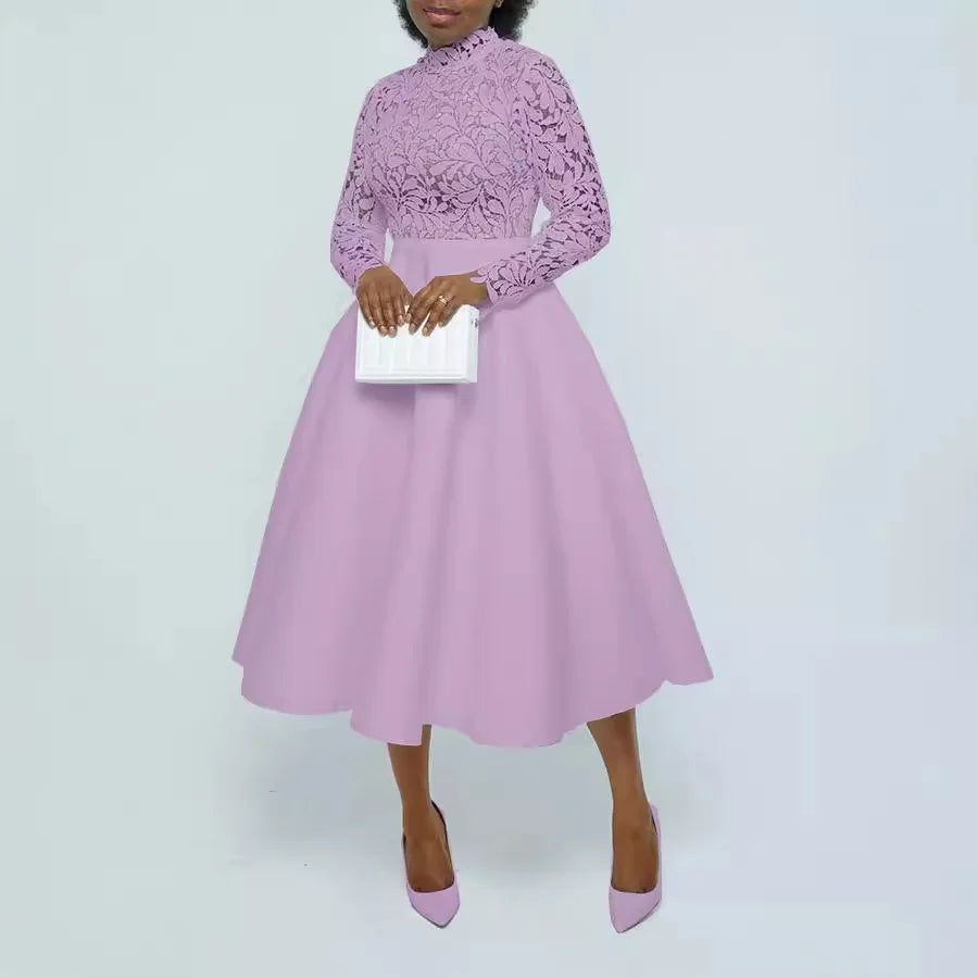 Women Long Dress A Line Dresses Lace Floral Party Night Wedding Mock Neck White Prom Hight Waist Slim Elegant Maxi Vestidos