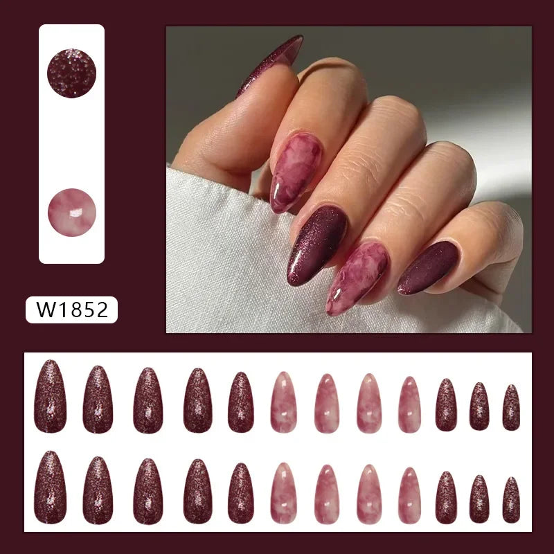 Platinum Maple Leaf Fake Nail with Jelly sticker Press on False Nails Wearable Round Head Oval Full Cover Nail Tips