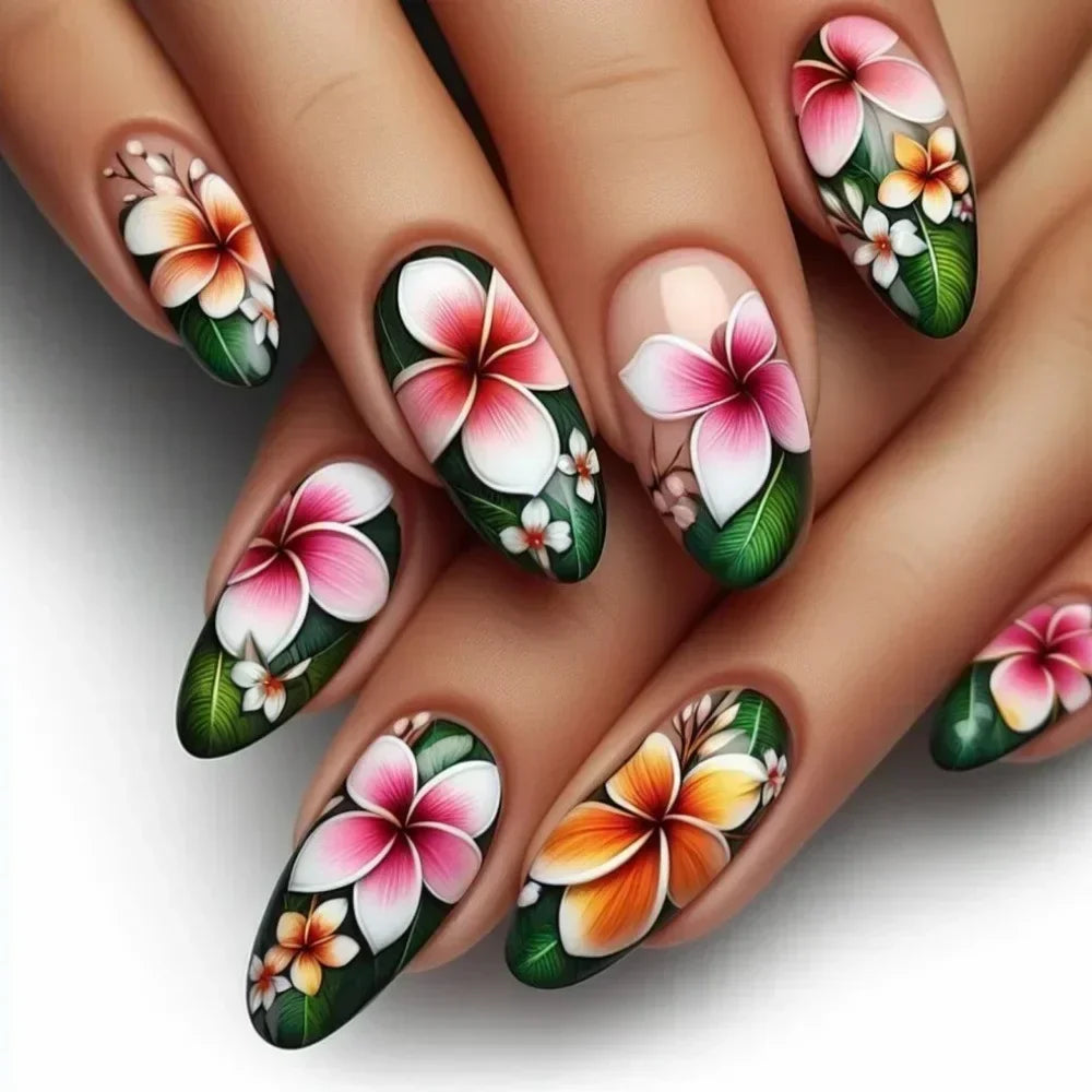 24Pcs Autumn Winter Matte Almond False Nails with Glue Rose Leaf Printing Nail Art Simple Full Cover Press on Acrylic Nails Tips