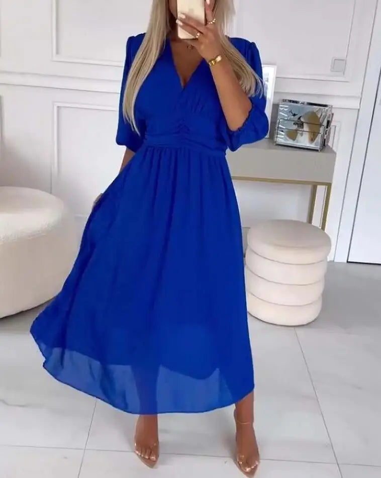 Sexy V Neck Solid Chiffon Long Dress Women Spring Elegant High-waisted Slim Party Dress Autumn 3/4 Sleeve A-Line Bohemian Dress