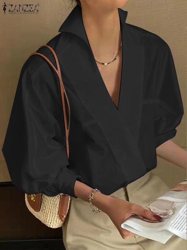 ZANZEA 2025 Summer Women Blouse Shirt Chic Sexy Stand Deep V Neck Puff Sleeve Tunic Tops Fashion Lapel Office OL White Blusas