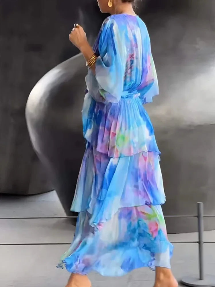 TSDFC 2025 New Summer Fashion Half Sleeved V Neck Lace Up Long Skirt Casual Wear Elegant Chiffon Print Women Long Party Dress