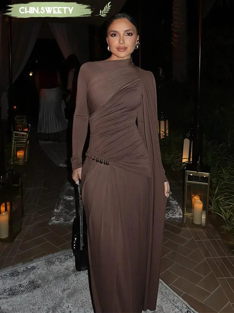 Fashion Brown Pleated Long Sleeve Dress Women Elegant O-neck Bodycon Prom Robes 2025 New Summer Lady Street Party Dresses