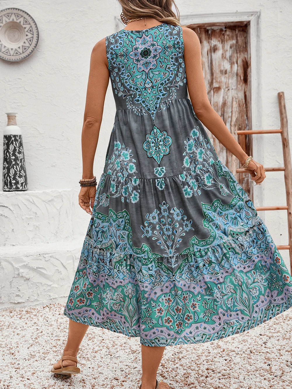 2025 Holiday Women's Summer print crew neck sleeveless dress, suitable for casual or vacation and long holiday beach wear women