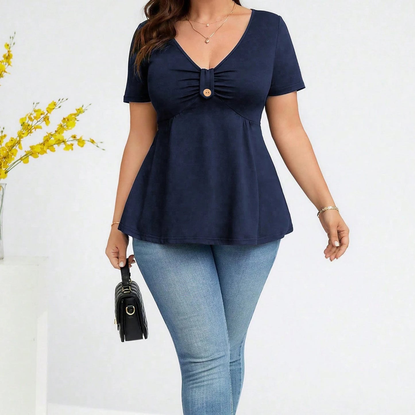 Women Plus Size Babydoll Tops Solid Color Ruched Button V Neck Short Sleeve Ruffle Shirts Casual Summer Streetwear