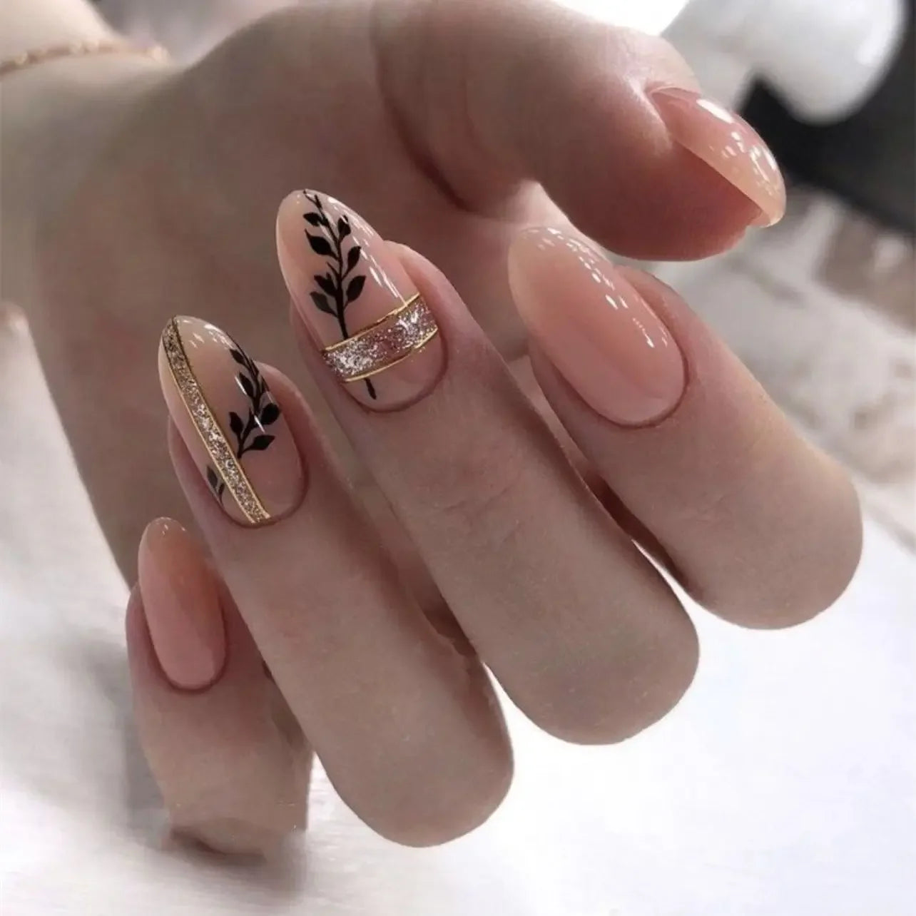 24Pcs Autumn Winter Matte Almond False Nails with Glue Rose Leaf Printing Nail Art Simple Full Cover Press on Acrylic Nails Tips