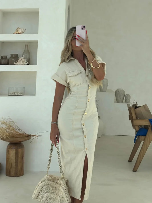 White Single Breasted Denim Dress Women's