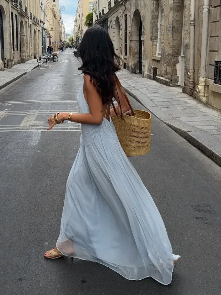 Sexy Solid Pleated Long Dress Women Elegant V Neck Sleeveless Suspender Backless Loose Robe Beach Party Ladies Maxi Gowns 2025