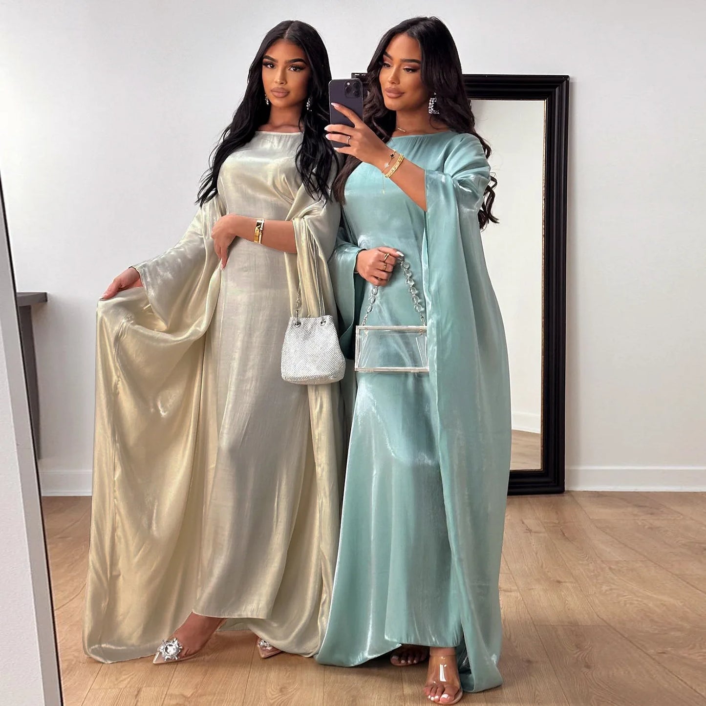 Eid Ramadan Batwing Butterfly Satin Abaya Dubai Luxury Muslim Kaftan Maxi Dress Women Kebaya Robe Caftan Marocain Femme Vestidos