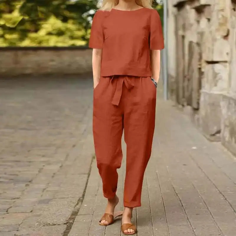 Women's Cotton Linen Suit Summer Matching Suit Half-sleeved Round Neck Tie Elastic Waist Trousers Wide-leg Pants Retro Suit 2024