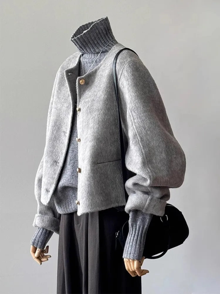 Single Breasted Woolen Jacket Women's Autumn Winter New Korean O-neck Short Solid  Outwear Fashion Long Sleeved Warm Top