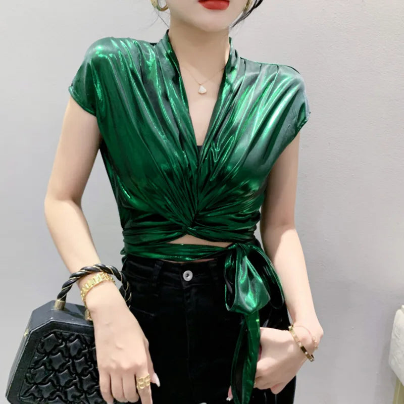 Street wear Gold Silver Green Shinny Short Sleeve Blouse Women Sexy Irregular Short Wrap Shirt Female Bandage Summer Tops