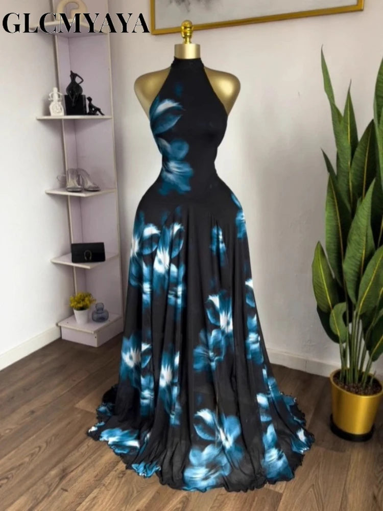 GLCMYAYA 2025 Fall Women O-neck Sleeveless Floral Print Mermaid Maxi Dress Evening Birthday Beach Sexy Night Party Long Dresses
