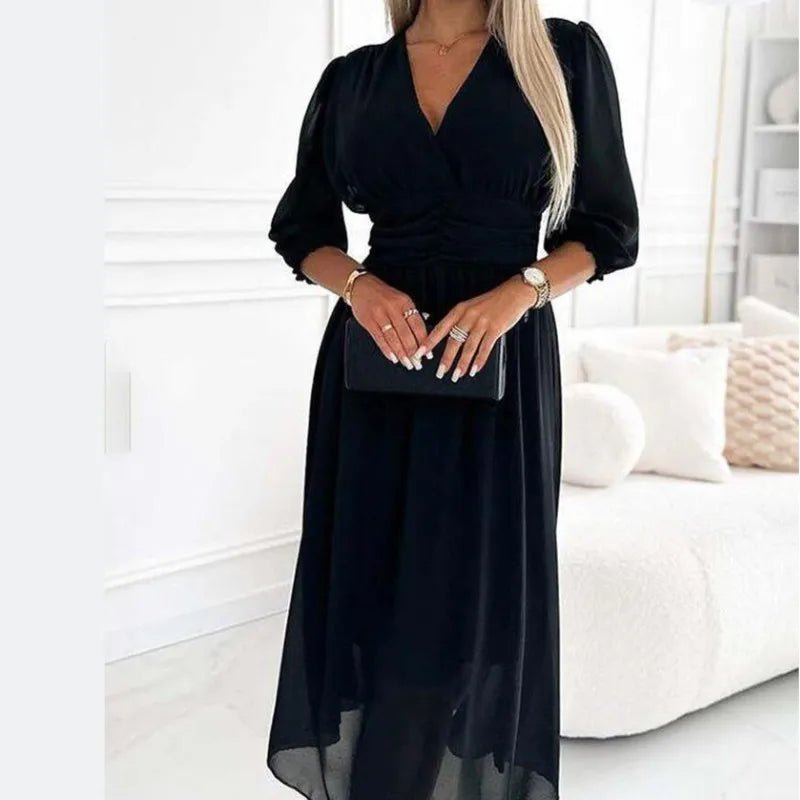 Sexy V Neck Solid Chiffon Long Dress Women Spring Elegant High-waisted Slim Party Dress Autumn 3/4 Sleeve A-Line Bohemian Dress