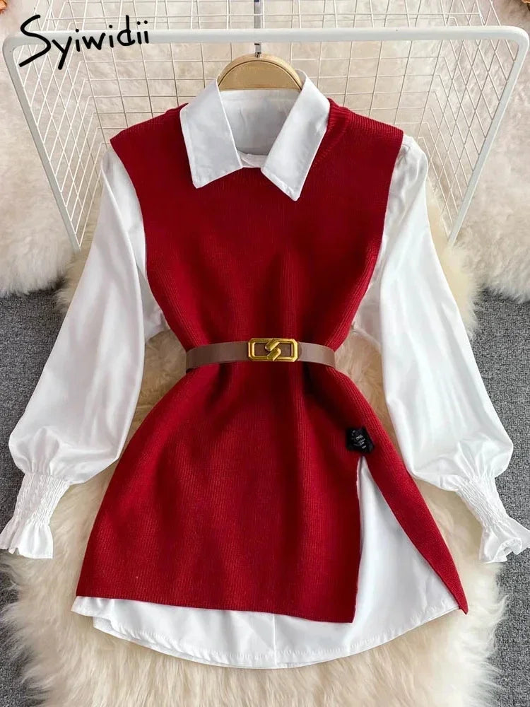 Syiwidii Blouses Sets Women Knitted Sweater Vests Autumn 2024 Fashion Turn-down Collar Single Breasted Female Blouses Two-piece