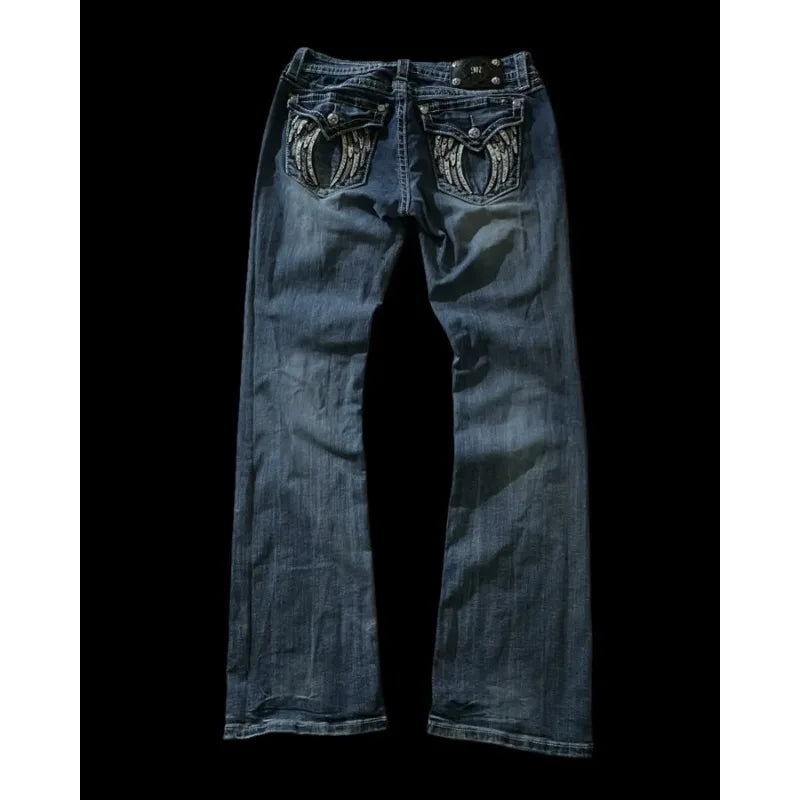 American Y2K Wings Geometric Embroidery High Quality Slim Jeans for Women Y2K Street Wear Trendy Casual goth high waisted jeans