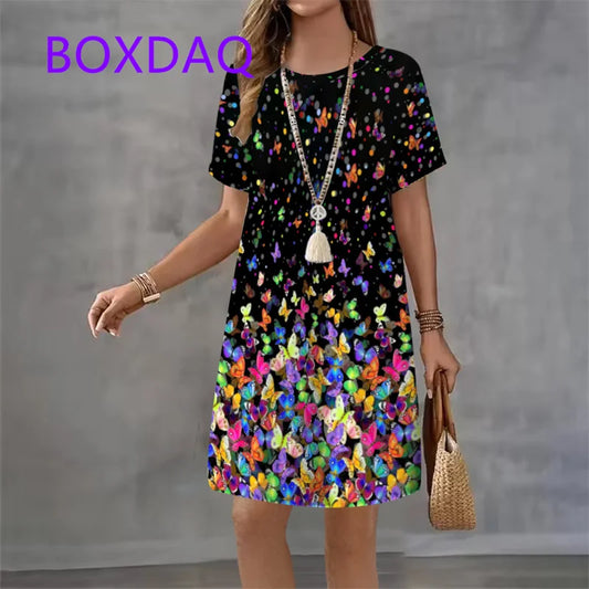 Fashion Elegant Butterfly Flowers Pattern Women's Dress New Summer Street Flower Print Short Sleeve Loose Casual Mini Dress 2025