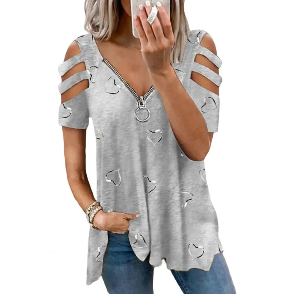 Top V Neck Low-cut Hollow Out Short Sleeves T-shirt