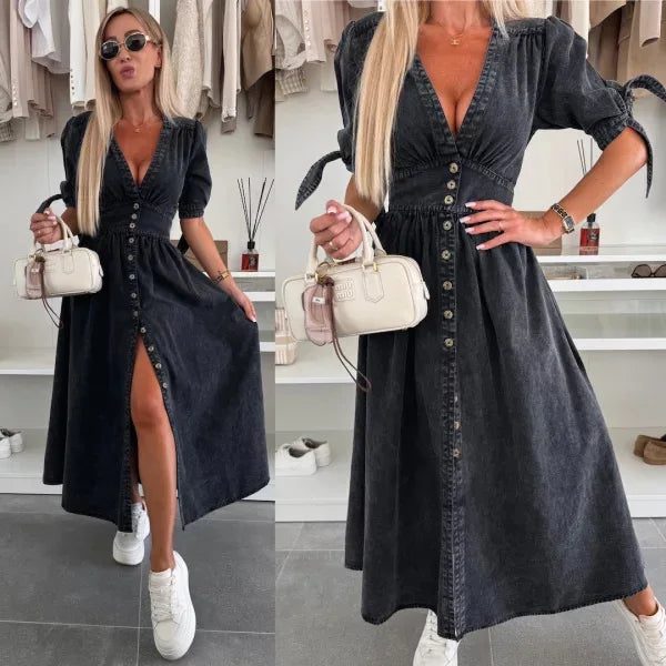 2025 Women Denim Dress Loose Fit V-Neck Short Sleeve Button Down Long Dress Solid Color Casual Jean Dress For Spring Summer