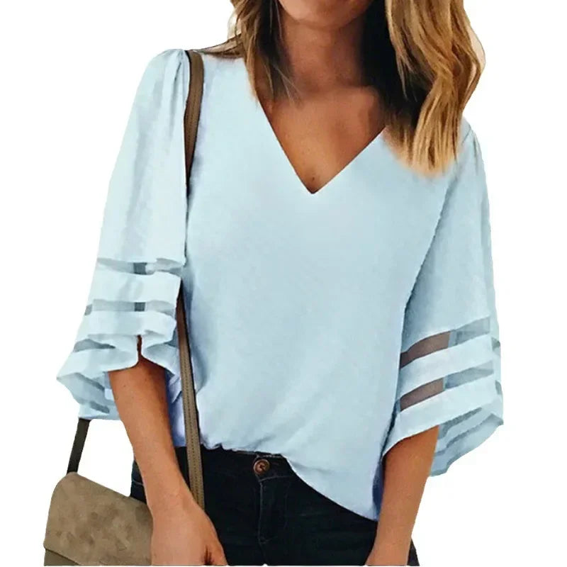 Women's Tpos and Blouses Loose T-shirt Slimming Top Shirt with Three Quarter Sleeves Chiffon Shirt Spring New Style
