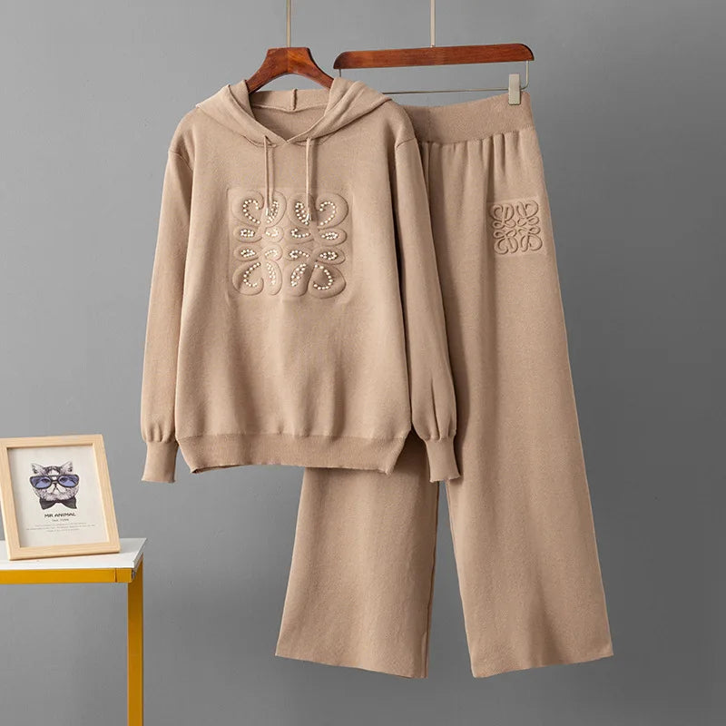 LISM winter two piece set tracksuit Knitted set, nail bead casual two-piece hooded woolen top+slim fit wide leg pants for women