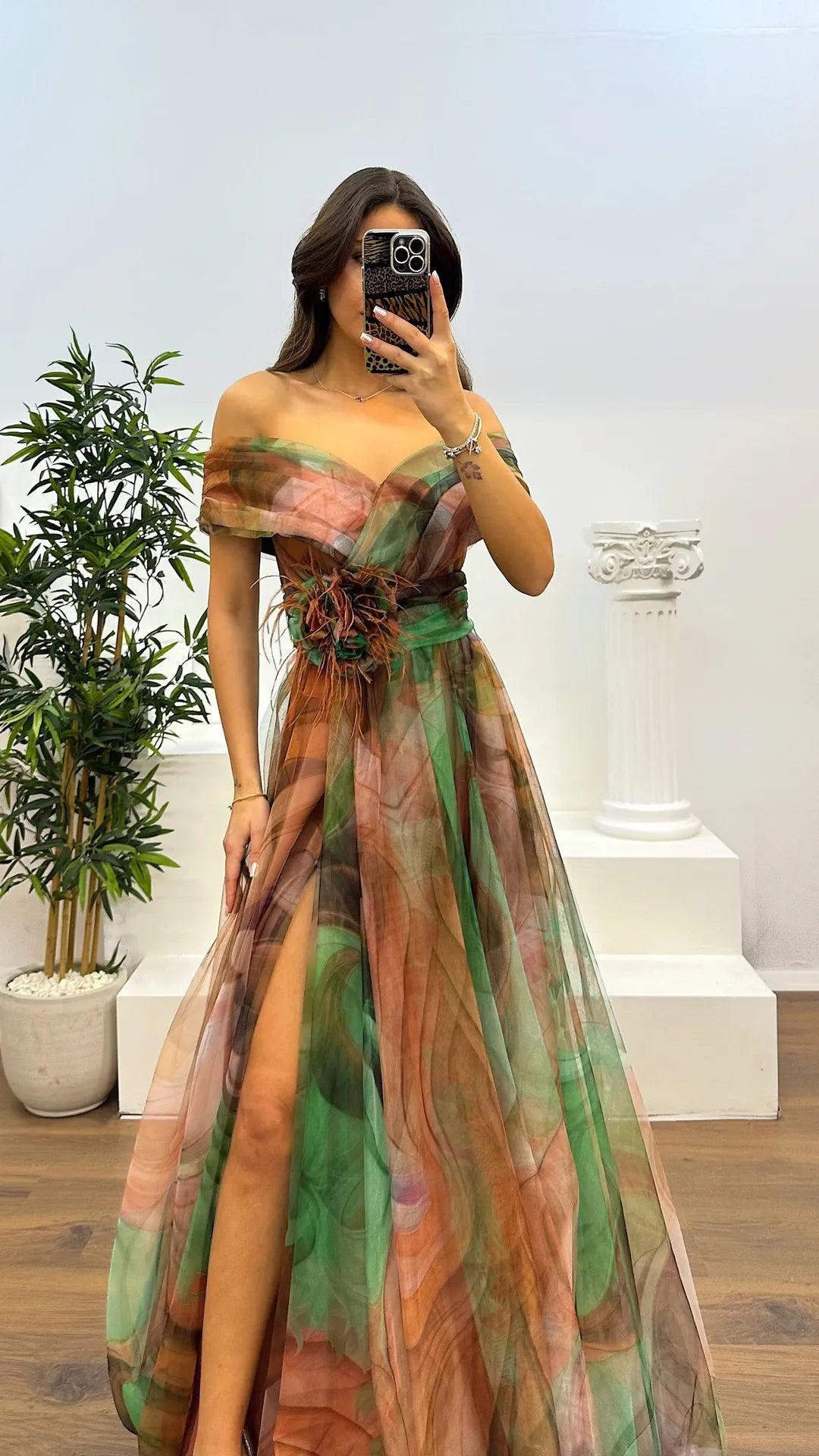 Elegant Formal Party Dress Elegant Tie-dye Ball Gown with Mesh Bubble Sleeves Split Hem Women's Evening Dress