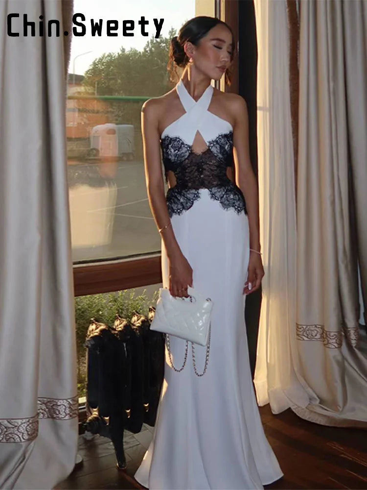 Sexy Halter Lace Splicing Hollow Out Long Dress Women Sleeveless Backless Hip Package Party Dresses 2025 Summer Evening Robes