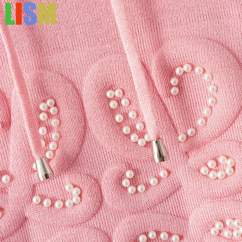 LISM winter two piece set tracksuit Knitted set, nail bead casual two-piece hooded woolen top+slim fit wide leg pants for women