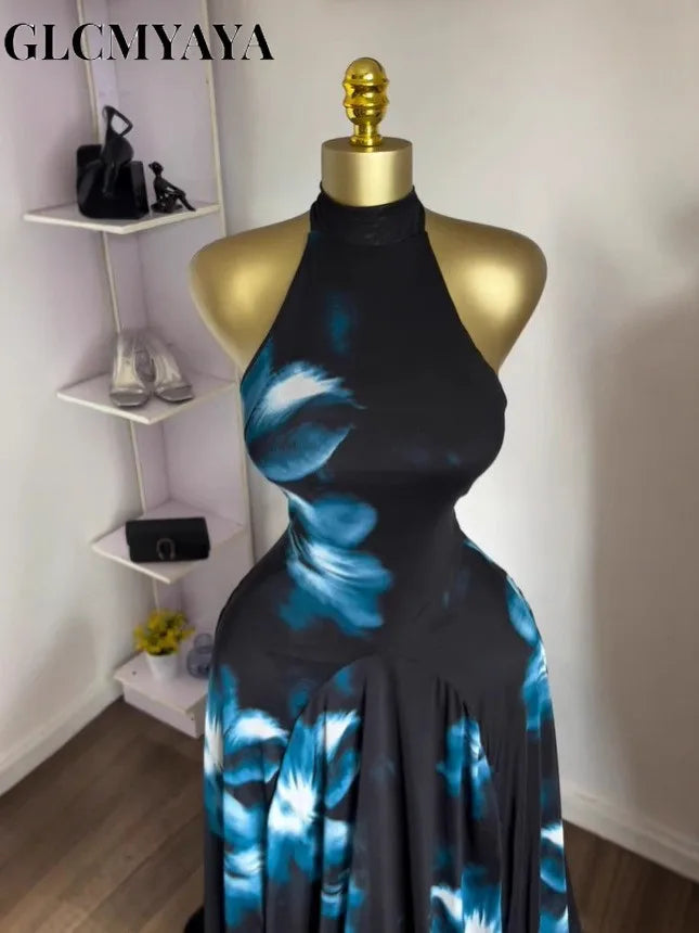 GLCMYAYA 2025 Fall Women O-neck Sleeveless Floral Print Mermaid Maxi Dress Evening Birthday Beach Sexy Night Party Long Dresses