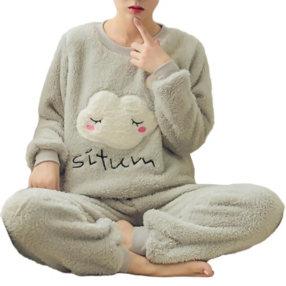 2 Pcs/Set Women Winter Pajamas Striped Cartoon Print Thickened Coral Fleece Soft Round Neck Long Sleeve Homewear Top Pants Set